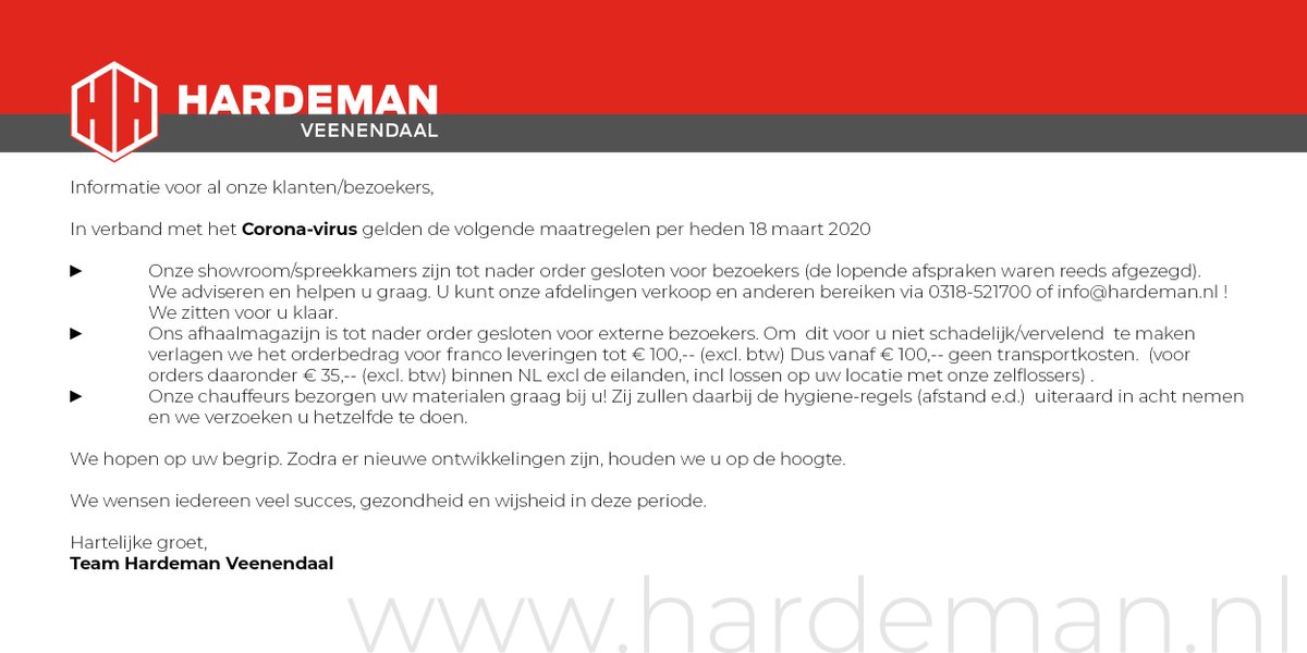 I.v.m. het Coronavirus sluiten wij ons afhaalmagazijn. We bezorgen echter tijdelijk al vanaf € 100,-- ex btw orderwaarde GRATIS!