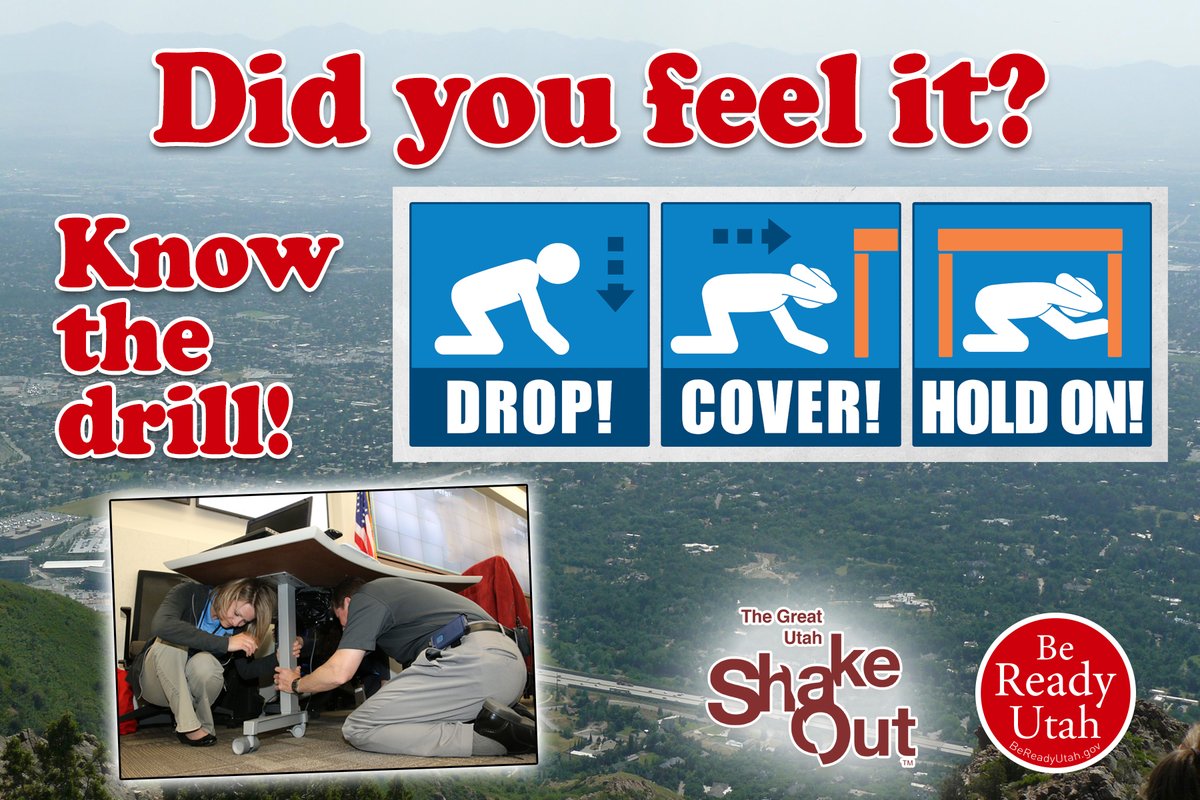 BeReadyUtah's tweet photo. #Prepare now for more aftershocks. Know what to do if the shaking starts again. DROP, COVER, and HOLD ON. Get under something sturdy or at least to an inner wall away from windows. See here for more info: https://t.co/alRVngB51h https://t.co/M9jLPGCLP7