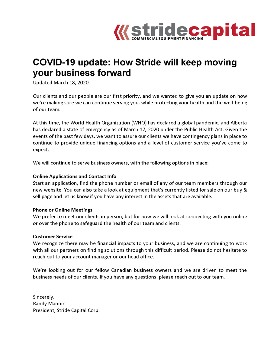 We will continue to closely monitor the COVID-19 situation as it progresses, and will be diligent in providing updates to our clients, our partners and our team. We hope everyone stays healthy and safe during this time.
#COVID19 #covid19Canada #equipmentfinance #leasing #finance