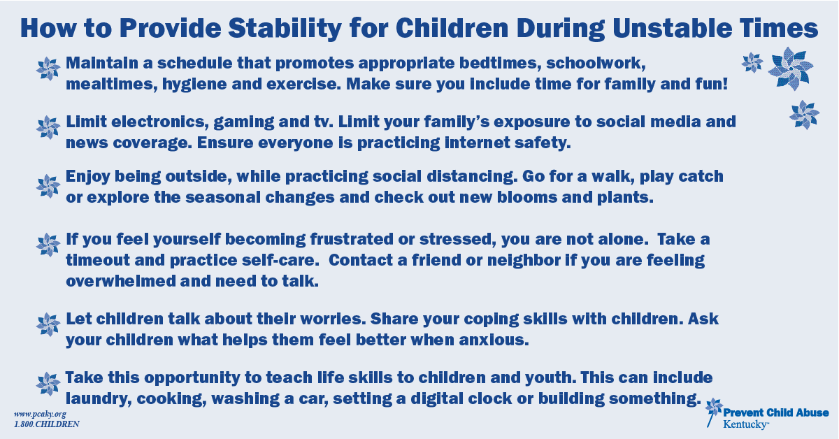 PCAKY's tweet photo. During times of instability, it is important to provide children with daily security. We can practice prevention now, more than ever.  #GreatChildhoods https://t.co/LIw7F3mFPj