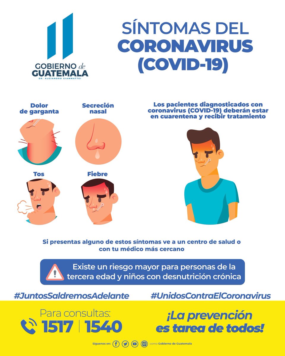 Gobierno Guatemala auf Twitter: "Síntomas del Coronavirus ( COVID-19) ⚠️  Existe un riesgo mayor para personas de la tercera edad y niños con  desnutrición crónica ⚠️ #JuntosSaldremosAdelante  #UnidosContraElCoronavirus… https://t.co/0rPKhXsgZ5"