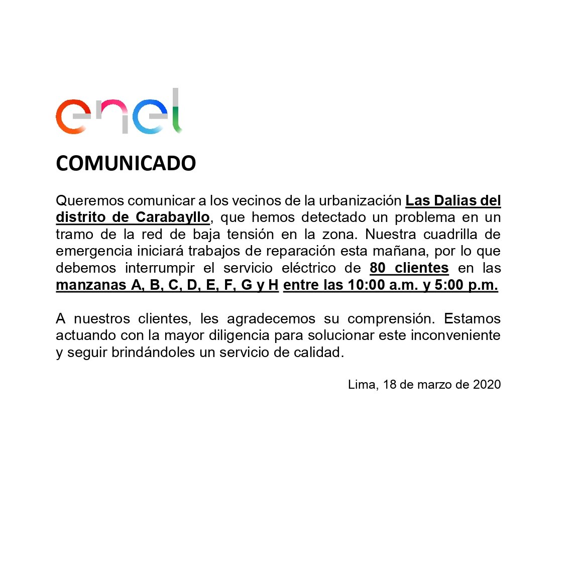 Enel Perú on Twitter "Hola Stalyn, no realizaremos cortes programados