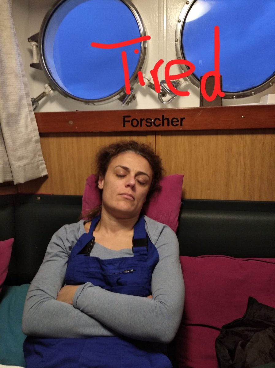 Magdalini_Chris's tweet photo. Me after #GEANS sampling! Dead tired! Photo taken by our (#Senckenberg) great MS student Vanessa! Wasn’t happy about this photo back then...now it looks great to me! Hopefully we will be back at sea pretty soon!🌊 https://t.co/vTsSDfOBgO