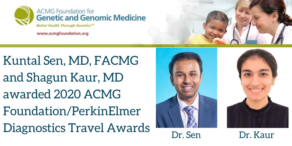 Kuntal Sen, MD, FACMG, pediatric neurology fellow <a href="/ChildrensNatl/">Children's National Hospital 🏥</a>, and Shagun Kaur, MD, pediatrics-medical genetics resident @ChildrensDMC, awarded 2020 #ACMGFoundation/<a href="/PerkinElmer/">PerkinElmer</a> Diagnostics Travel Awards for their abstract submitted to #ACMGMtg20 bit.ly/2QpneRi