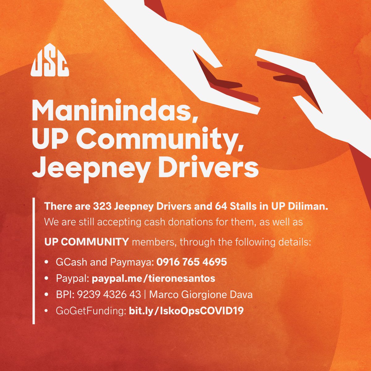 #IskoOps: COVID-19

We are still accepting donations for our dormers, jeepney drivers, maninindas, and community members!

Please browse through the photos for the details (donations needed, drop-offs, etc).

Thank you for your help in these trying times. Keep safe, everyone!