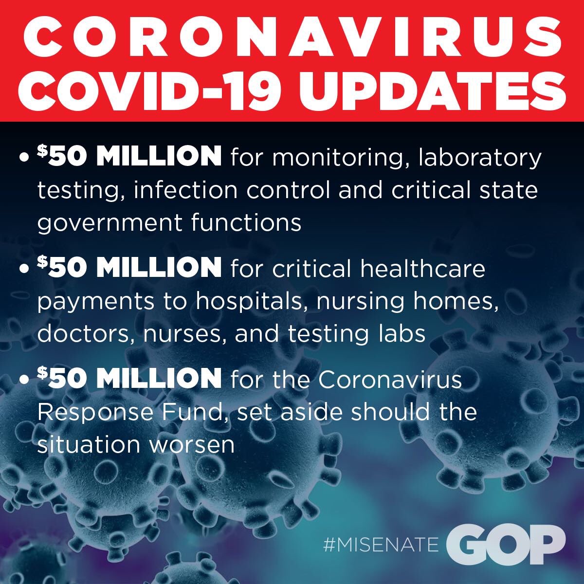 With approval of additional resources last night, the legislature has now dedicated $150 million to the COVID-19 outbreak. I am continuing to monitor the situation and will post more updates as they come. Please visit Michigan.gov/coronavirus for more information.