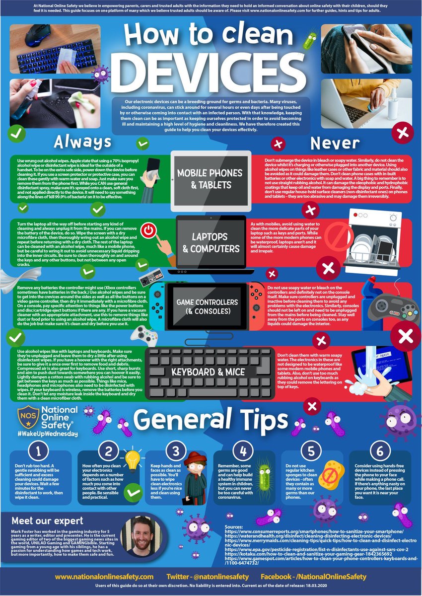 PCAprimary's tweet photo. Thank you to @natonlinesafety who created this guide. Our electronic items can be a breeding ground for germs &amp; bacteria so this is really useful. @PCABlackpool              Download here >> https://t.co/8XNDdIGGaK https://t.co/ANBHwvAItT