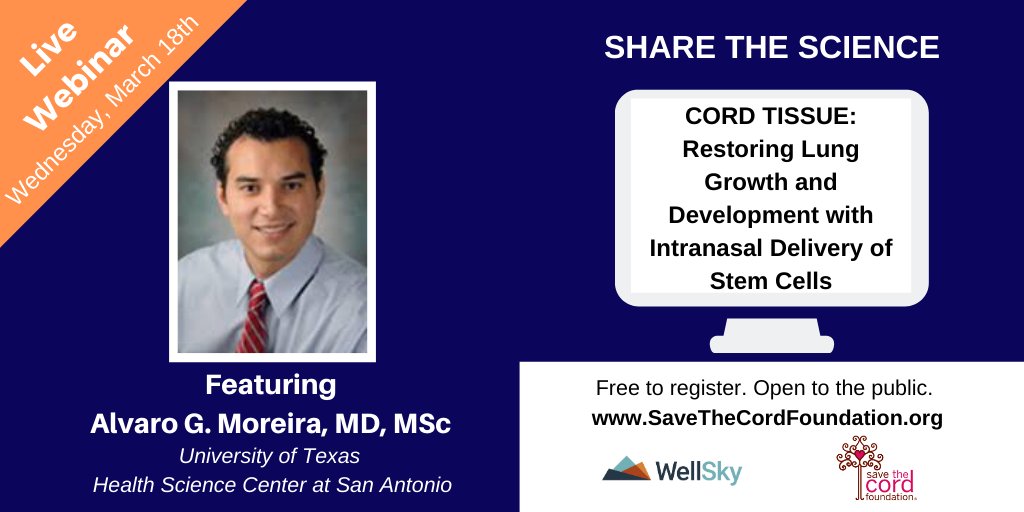 Today is the day!  Free #webinar from @SaveTheCord & @WellSkyPF. Register to watch #ShareTheScience with Dr. Moreira: ' #CordTissue MSCs to potentially Restore Lung Development' 
#Respiratory #Lung #RegenMed #CordBlood #healthcare 
Register now:  buff.ly/2W1qtBQ