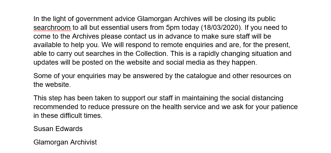 A statement from Glamorgan Archives in light of the current Covid-19 situation