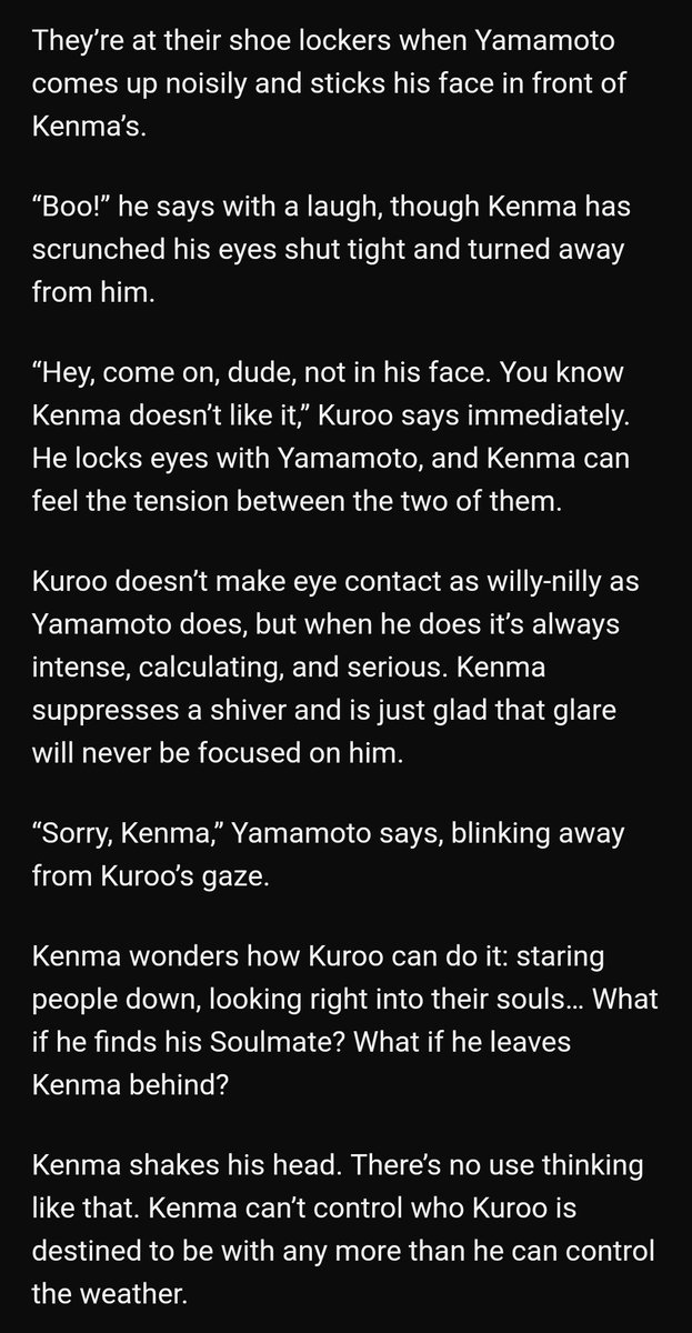 Burnt sienna (and other confusing colors) by ricekrispyjoints https://archiveofourown.org/works/4556253/chapters/10372110-5/5-kuroken-soulmate au-you start seeing colors when you look your soulmate in the eyes-kenma is scared and doesn't look at anyone