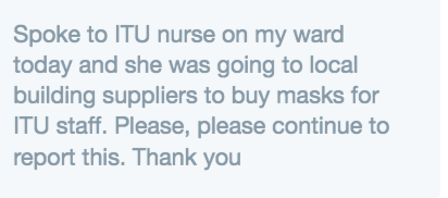 Intensive care nurse without masks buying supplies from builders yard. 

Johnson needs to urgently explain what his 'science-based' plan is. And why it currently involves infection of frontline staff.