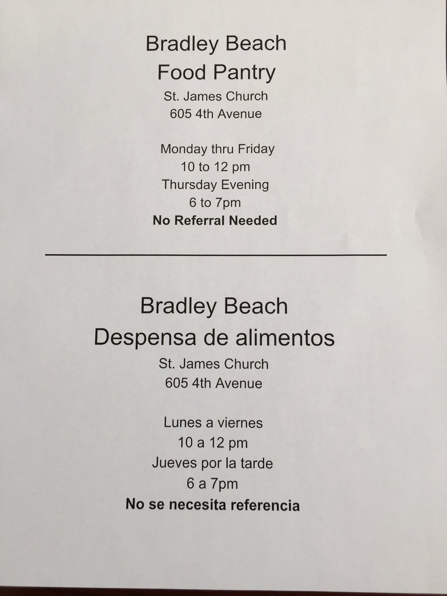 ZylinskiAlison's tweet photo. Bradley Beach Food Pantry Open for Anyone in Need Monday-Friday 10am-12pm and Thursday 6-7pm.  
School Breakfast &amp; Lunch here ⁦@BBESNJ⁩  10am-12 pm at the main entrance of the school. https://t.co/swQ1mq3YGA