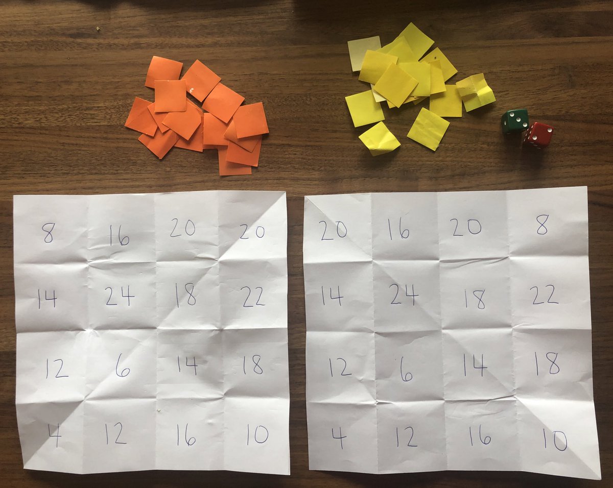 Working on mastering math facts today, multiplication for Stella using Kamii’s 4-in-a-Row and doubling for Isla using <a href="/ctfosnot/">New Perspectives on Learning</a> Doubles Bingo. Yep, those are homemade boards and materials.