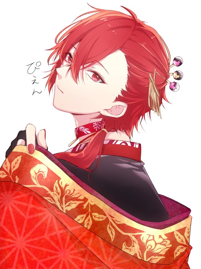red hair 1boy male focus red eyes solo japanese clothes hair ornament  illustration images