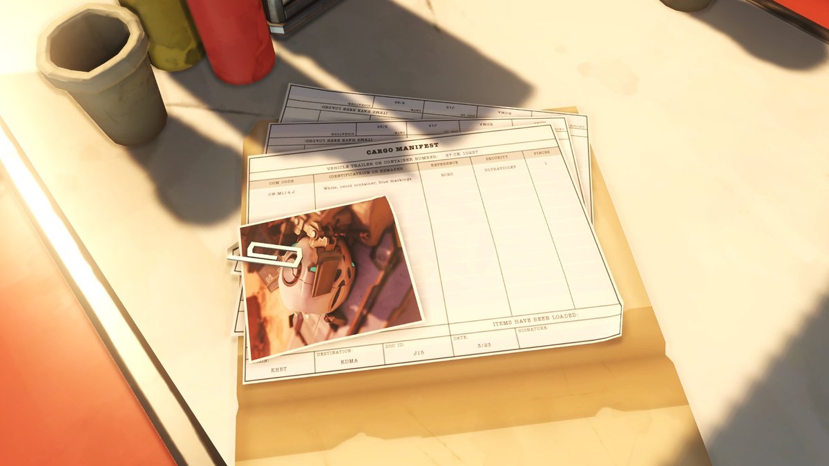 Le teasing continue pour Overwatch. Cette fois-ci, nous découvrons un manifeste de cargaison faisant référence à une objet de forme ovoïde avec pour référence « Echo » - Le contenant semble avoir été pris en charge le 23 mars bit.ly/2IYjqlG