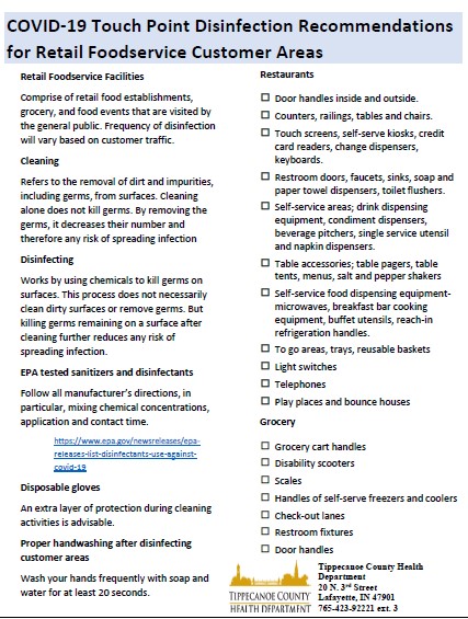TCHD would like to thank all food establishments for their patience &amp; cooperation during #COVID2019. We have attached a letter from #Foods that will be emailed to  establishments today. Establishment guidance has been attached also. Please call 765-423-9221 ext. 3 with questions.