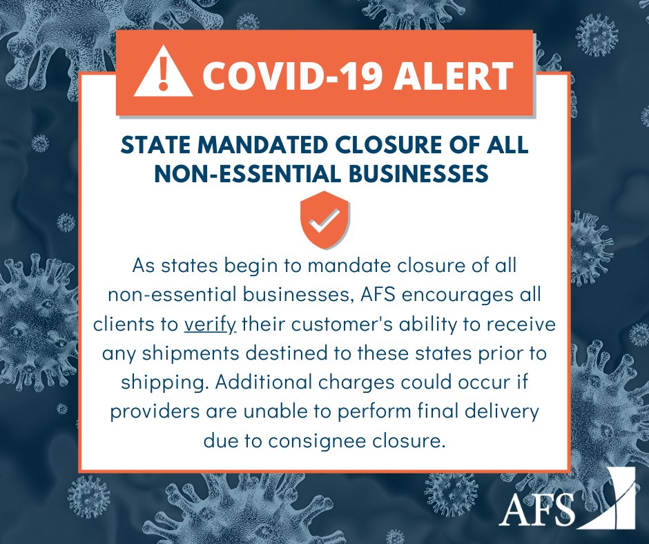 AFS_Shipping's tweet image. If you have a shipment destined for a state under mandated non-essential business closure, AFS remains operational and is ready to assist. #covid19