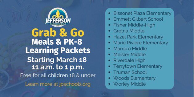 cadebrumley's tweet photo. Today We Launch:

13 Meal Sites for Free Grab-n-Go Meals (Lunch + Next Morning’s Breakfast). 11AM-1PM

At-Home Learning Resources at https://t.co/McWC2rtmL9 (Check this Out - Amazing) or Paper-Based Packets Available at Meal Sites.

#WeLove #WeLearn #WeLead

#LaEd https://t.co/NqfdtoJUA0