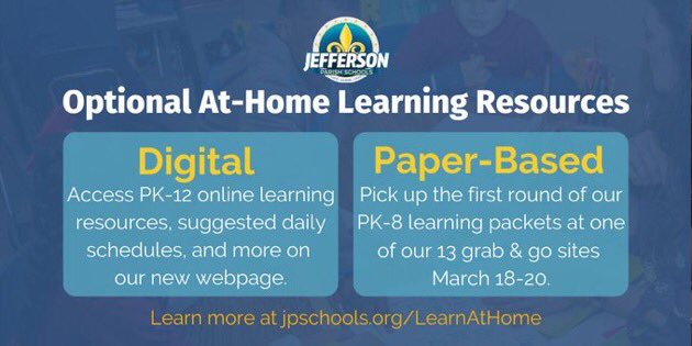 cadebrumley's tweet photo. Today We Launch:

13 Meal Sites for Free Grab-n-Go Meals (Lunch + Next Morning’s Breakfast). 11AM-1PM

At-Home Learning Resources at https://t.co/McWC2rtmL9 (Check this Out - Amazing) or Paper-Based Packets Available at Meal Sites.

#WeLove #WeLearn #WeLead

#LaEd https://t.co/NqfdtoJUA0