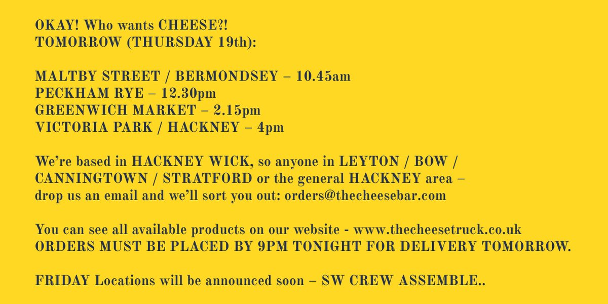 THURSDAY 19TH MARCH LOCATIONS:

#BERMONDSEY #PECKHAM #GREENWICH &amp; #HACKNEY