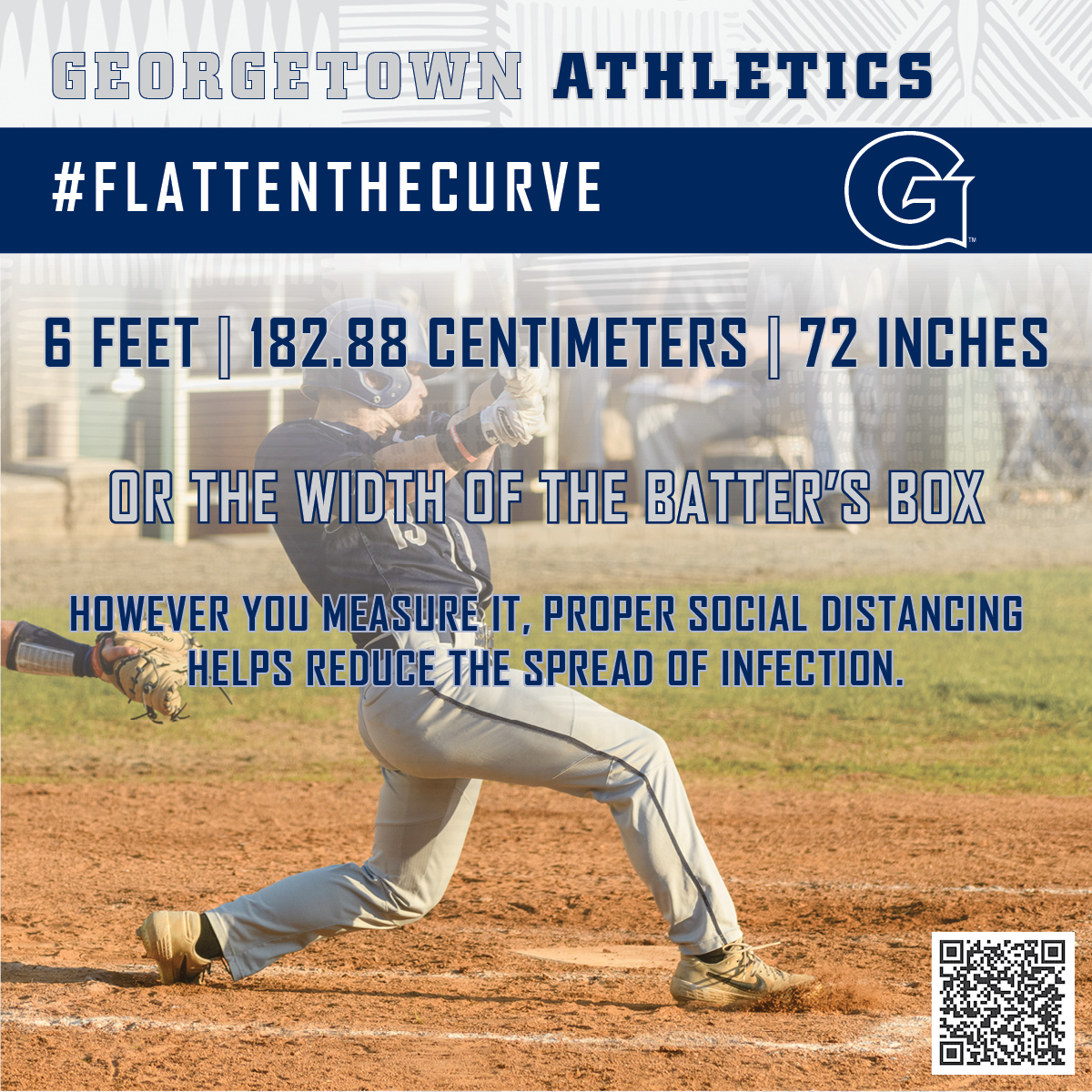 GtownBaseball's tweet photo. Social Distancing is the safest practice right now. It is recommended that you keep 6 feet between yourself and others. Or just have your friends stand one batter's box away! #flattenthecurve #HoyaSaxa https://t.co/KpezF9ra8Q