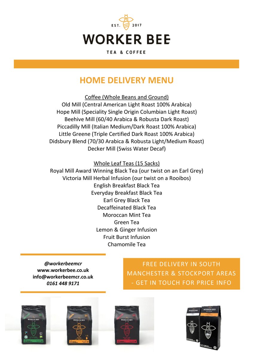 For those of you who are now home based, we've introduced a free home delivery service for our teas/coffees/chocolate to the South Manchester/Stockport areas. Here's our menu: get in touch for prices &amp; contact-free delivery options. And stay safe ☕🐝