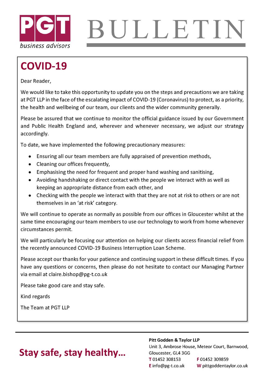 pgtllp's tweet photo. Important information relating to our response to the escalating impact of COVID-19 https://t.co/Dsx2MMXGdR #staysafe #stayhealthy #covid19UK #coronavirus https://t.co/C7H33LxGGb