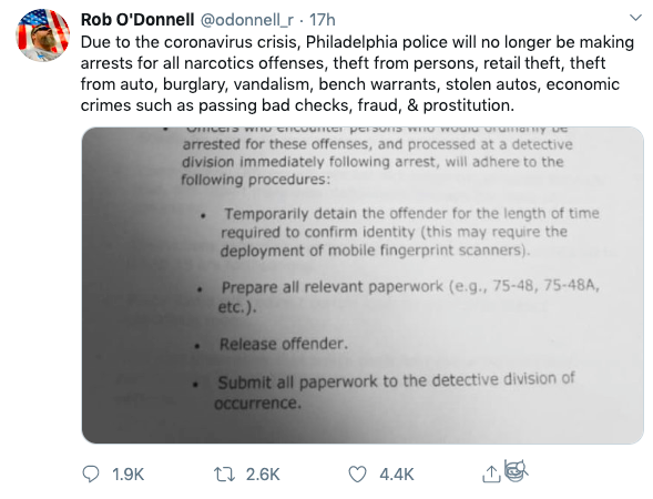 20. More on this tweet, which says Philly police will stop some arrests as a response to the pandemic.