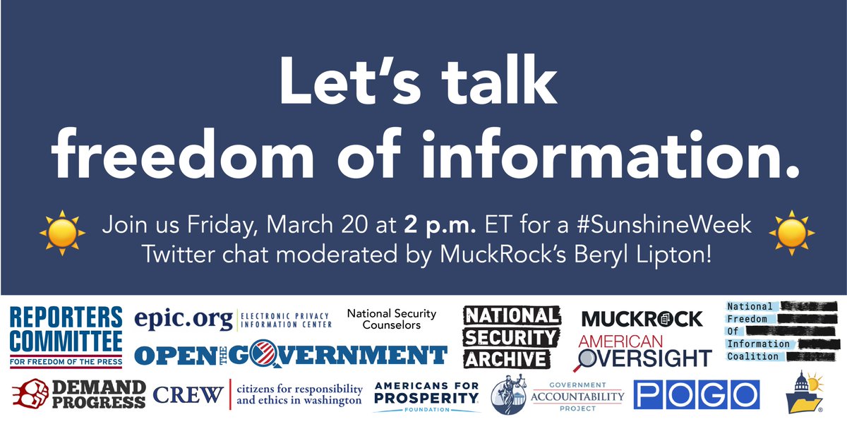 rcfp's tweet image. We'll be chatting with 12 other transparency and #FOIA organizations about the importance of freedom of information, transparency + more on Friday at 2 p.m. ET during a special #SunshineWeek☀️Twitter chat.

Join the conversation and ask questions by using #SunshineChat2020!