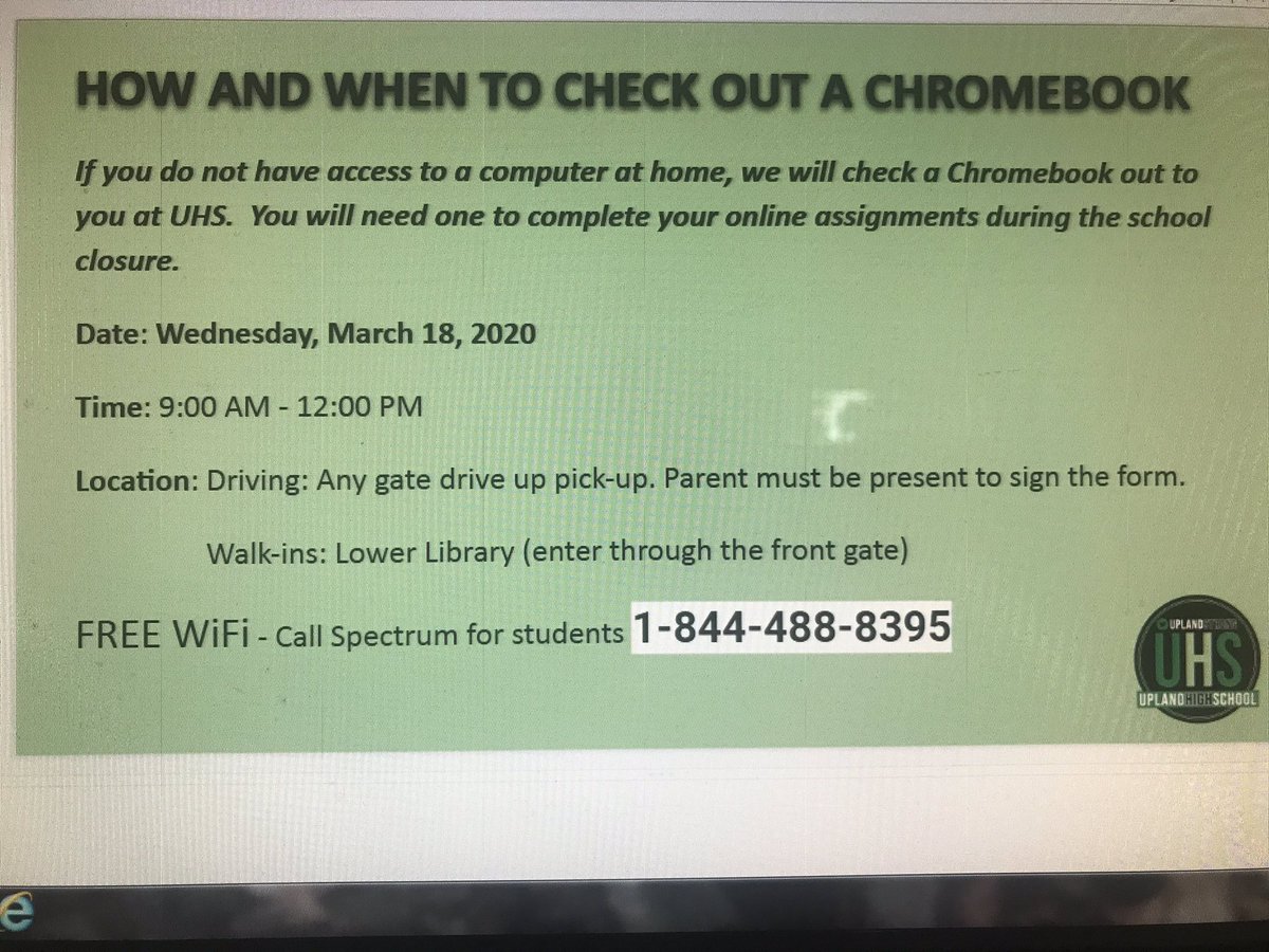 Students who do not have a device to use, please pick up a Chrome book today- free WiFi <a href="/UplandUnifiedSD/">Upland Unified School District</a> <a href="/UplandHS/">Upland High School</a> <a href="/Upland_High_ASB/">Upland ASB</a> <a href="/UplandStrong/">Upland Strong</a> Please RT to spread this message