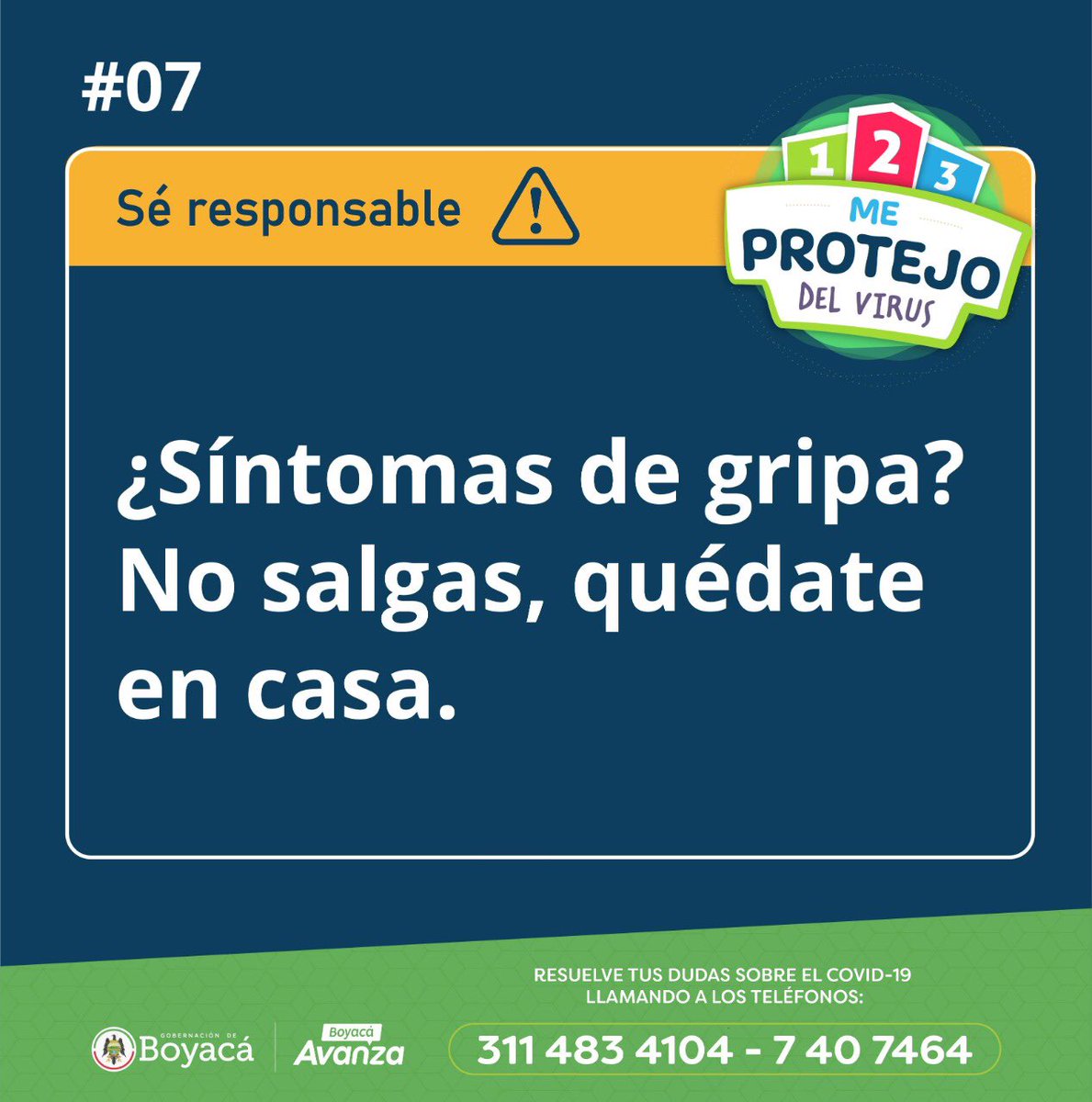 GobBoyaca's tweet photo. ¡Atención!

Si tienes síntomas de gripa, no salgas de casa. Esta es una medida de prevención para evitar el contagio del coronavirus. 

¡Necesitamos conciencia colectiva para afrontar esta situación! #123MeProtejoDelVirus. https://t.co/ooL4UR54QQ