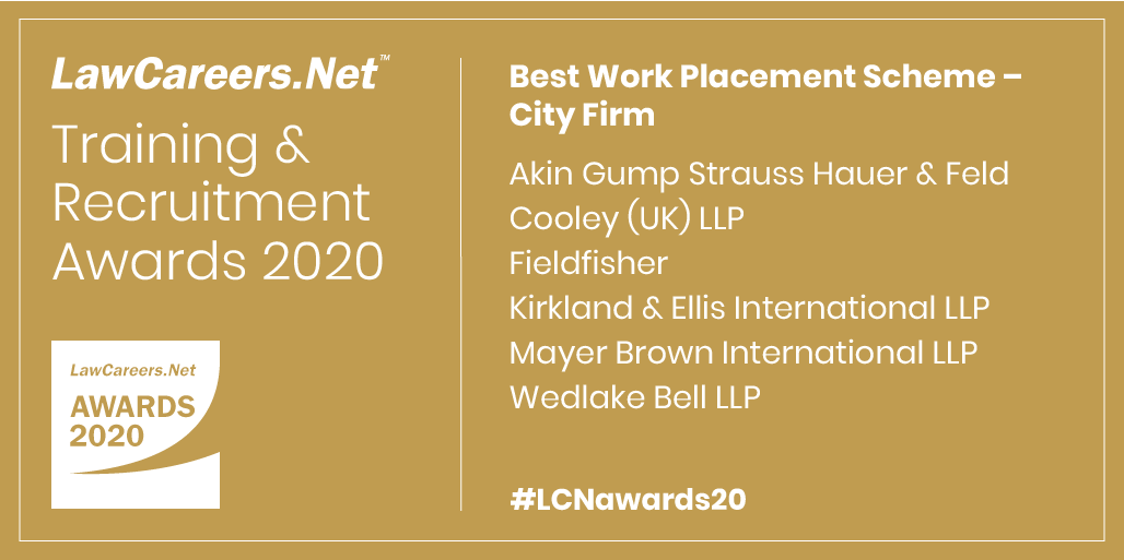 LawCareersNetUK's tweet photo. The nominees for 'Best Work Placement Scheme – City Firm' are:
🏆 @akin_gump 
🏆 @CooleyLLP 
🏆 @Fieldfisherjobs 
🏆 @Kirkland_Ellis 
🏆 @talk2mayerbrown 
🏆 @WedlakeBell 

#SLSAwards20 https://t.co/rux5F8afvn