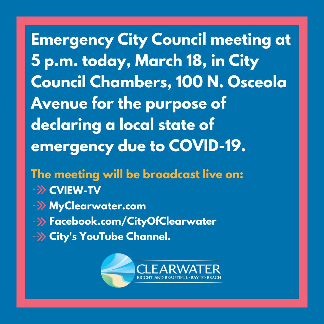 City of #Clearwater Calls Emergency Meeting 
Will Declare a Local State of Emergency 

➡️City leaders will also be discussing the next steps with regards to Clearwater Beach.

#COVID19 #coronavirus