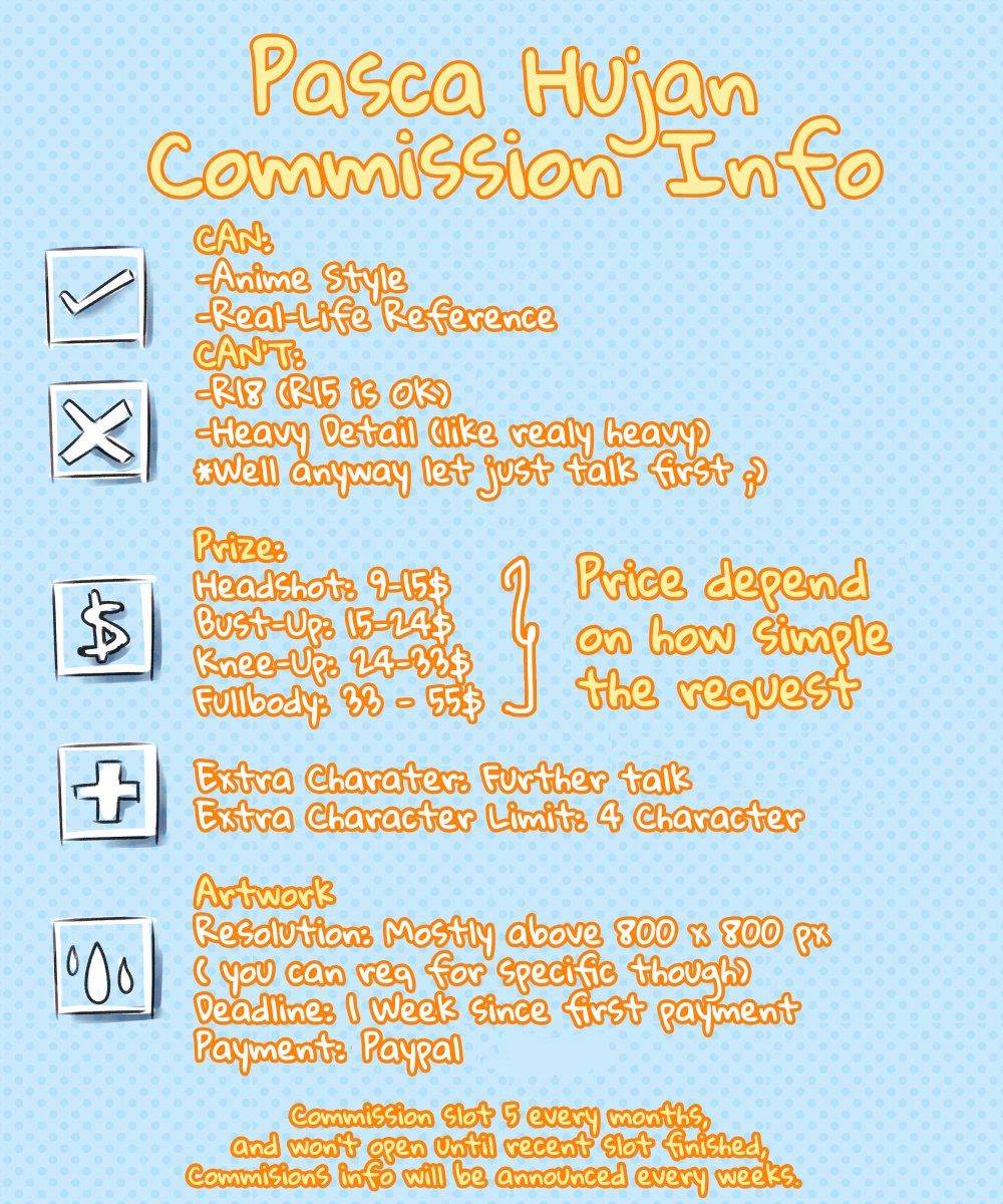 [COMMISSION OPEN]

H-hi!!
If you need me to draw you something,
Maybe I could help, maybe.. I'm not really sure but..
I'll do my best.

A-Anyway if you're interested,
feel free to hit me on DM.

MARCH SLOT: 5 