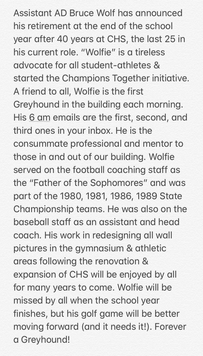 Assistant Athletic Director Bruce Wolf has announced his retirement at the end of the school year. “Wolfie” has spent 40 years at the school &amp; athletic department. A graduate of CHS, Bruce still holds the football school record for longest TD pass reception (97 yards).