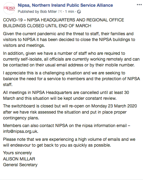 COVID-19 – NIPSA HQ and regional office buildings close until the end of March.