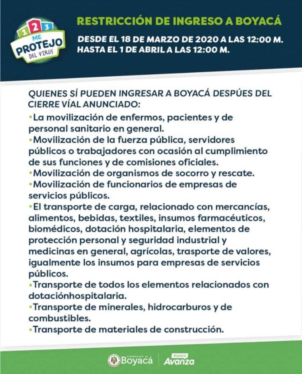 #ATENCIÓN 📢

Recuerden que a partir de hoy, a las 12 del día y hasta el 1 de abril de 2020 se restringirá ingreso a #Boyacá por vías terrestres que comunican con Cundinamarca, Casanare, Santander, Norte de Santander, Arauca y Antioquia.

En estos casos, se exceptuará la medida: