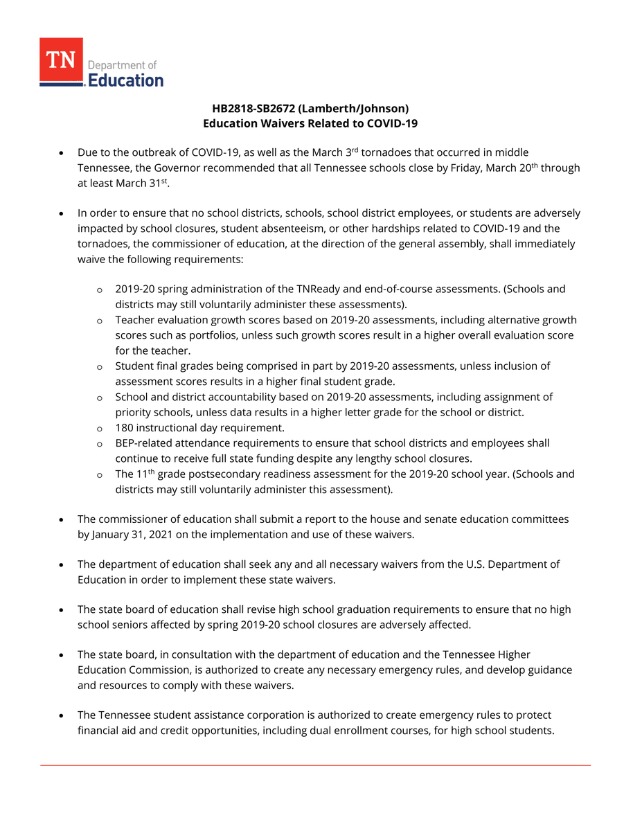 TNedu's tweet photo. We have been working closely w/ the Governor's office &amp; legislative leadership to ensure no schools or students are adversely affected due to school closures. See summary of the proposal here on waiving TNReady &amp; EOC assessments. We must continue to support students &amp; teachers. https://t.co/ViQ3hDqX5D