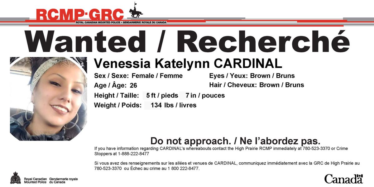 RCMPAlberta's tweet photo. #StillWanted, Venessia Katelynn Cardinal, Do not approach. https://t.co/2Oi7AOGnLn