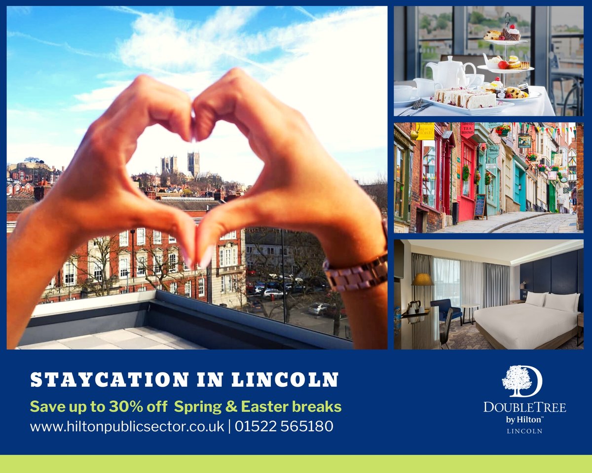 Stay local and save with a staycation in the historic cityof Lincoln. Save up to 30% off a Spring or Easter break! The DoubleTree byHilton Lincoln is located in the heart of the city complete with Marco Pierre White restaurant. To book visit hiltonpublicsector.co.uk