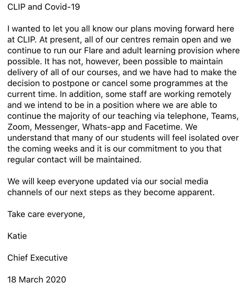 Statement regarding COVID-19. We will be updating as much as possible so please keep an eye on our Facebook pages.