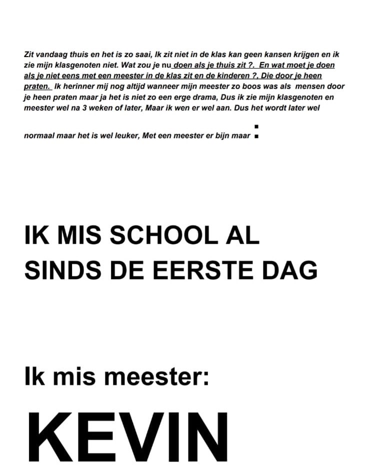 Brief van leerling uit de eindgroep aan zijn meester #ikmisschoolalsindsdeeerstedag #ikmismeesterkevin #noschool😢#coronavirus