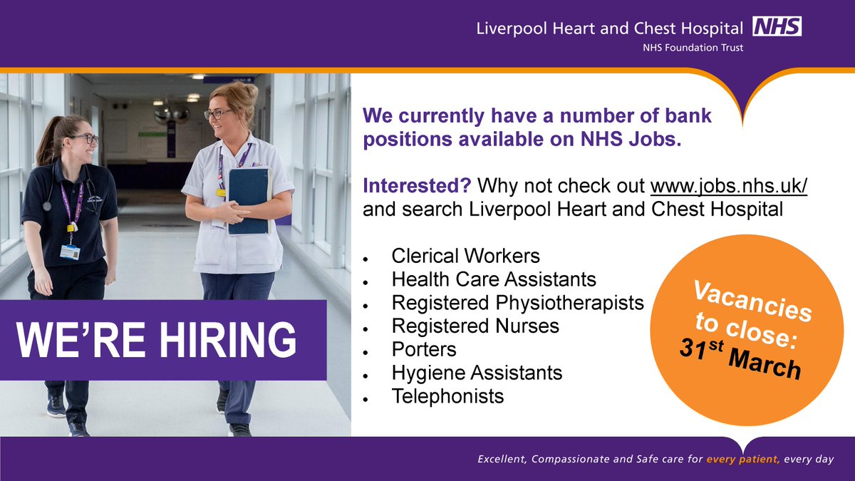 We have a number of bank positions available on NHS Jobs.
- Health Care Assistants: jobs.nhs.uk/xi/vacancy/916…
- Registered Physiotherapists: jobs.nhs.uk/xi/vacancy/916…
- Registered Nurses: jobs.nhs.uk/xi/vacancy/915…

All the vacancies will close on 31st March.