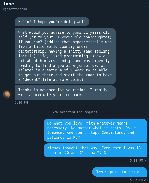 wgw_eth's tweet photo. I think that's a pretty damn good one, huh?
Allowing you to quote me π
#Motivation #Motivational #JavaScript #WebDev #Software #Developer #CodeNewbie #100daysOfCode #devdiscuss #React #TypeScript #6yearsOfOpenSource #CMR #charlike https://t.co/5MVaBf5601