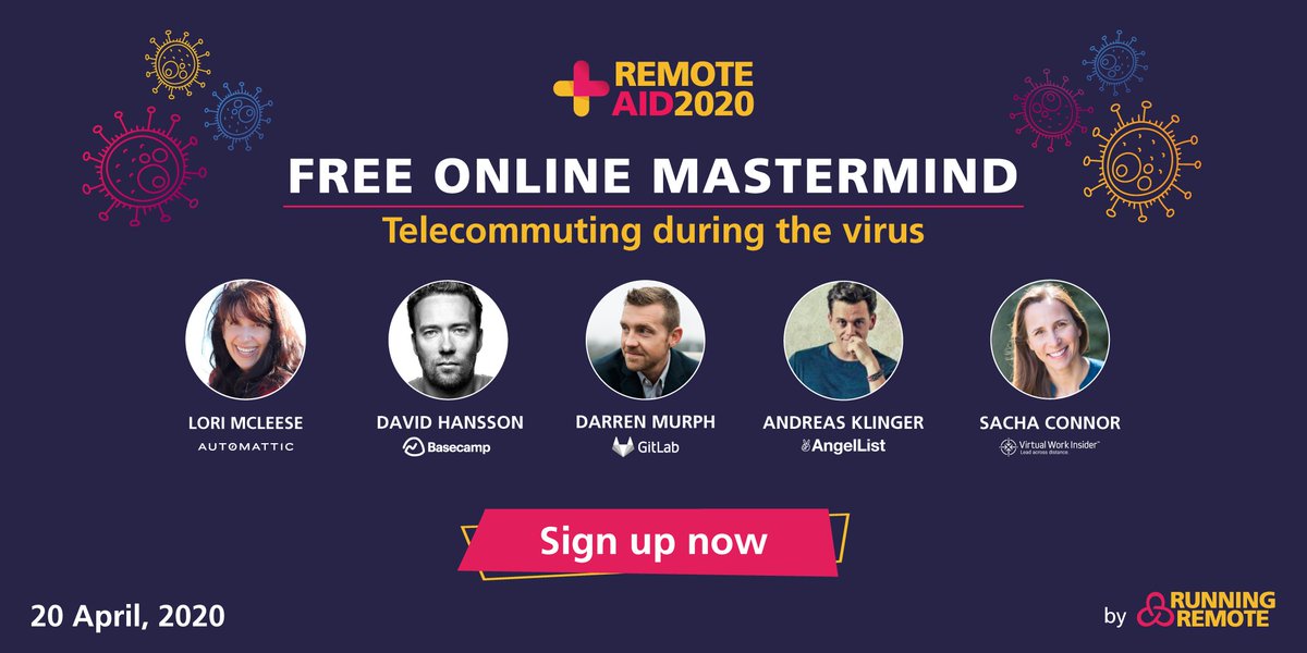 weworkremotely's tweet photo. Get aligned &amp; attend Remote Aid 2020.

This one-day, free event is designed for companies &amp; remote employees struggling with emergency work-from-home policies during the outbreak. Receive coaching from @dhh, @LoriLoo, @darrenmurph + more.
Sign up here: https://t.co/VQHItj1LPl https://t.co/I1jYtbUNQU