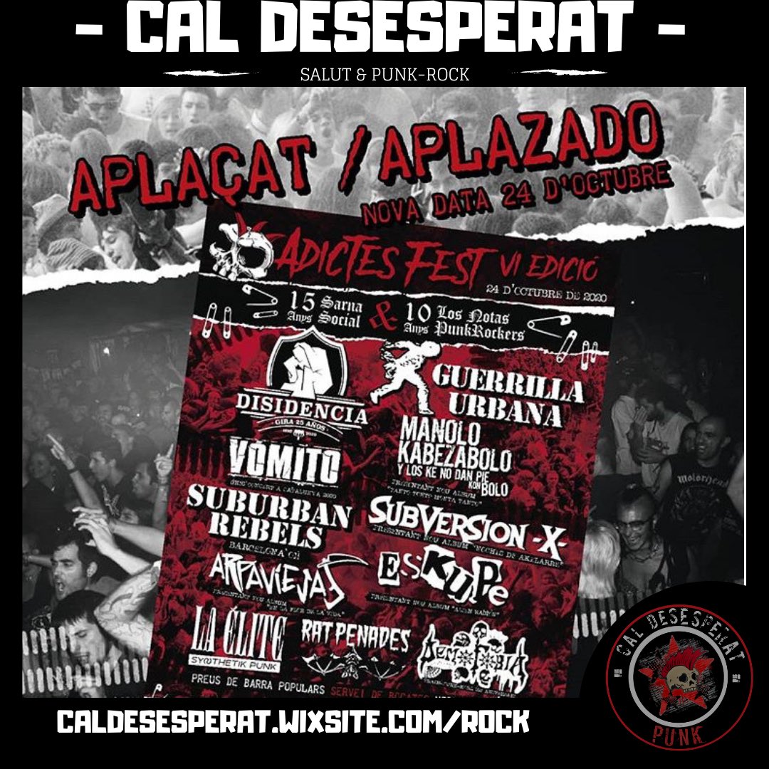 #repost @adictesfest
・・・
El punk ni mor ni el mata el coronavirus!!
⠀
Lamentem informar-vos que, donades les circumstàncies actuals, ens veiem obligades a aplaçar l'Adictes Fest al dissabte 24 d'Octubre.
⠀