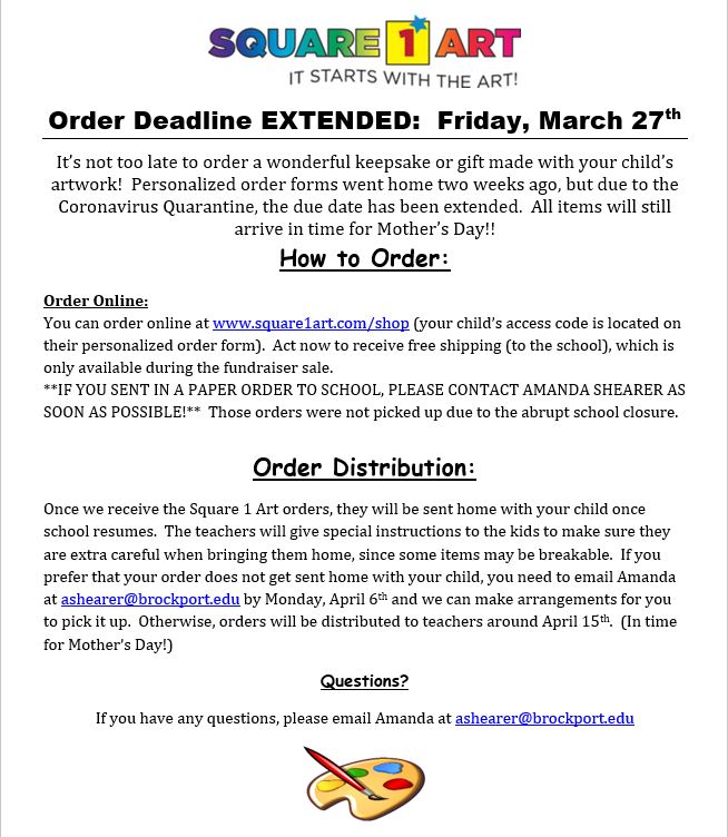 Square 1 Art UPDATE! The order deadline has been extended. Please note that orders sent to school on paper were not able to be picked up before the school closure. Contact Amanda (see flyer for email) regarding those orders!