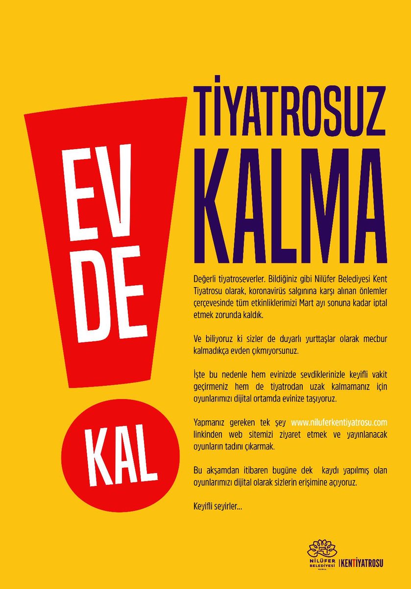 Değerli tiyatroseverler! Bu akşamdan itibaren, bugüne dek kaydı yapılmış olan oyunlarımızı dijital olarak sizlerin erişimine açıyoruz. Yapmanız gereken tek şey niluferkentiyatrosu.com linkinden web sitemizi ziyaret etmek ve yayınlanacak oyunların tadını çıkarmak.