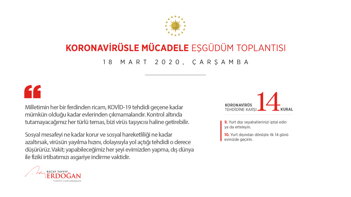 tcbestepe's tweet photo. Cumhurbaşkanı @RTErdogan: “Milletimin her bir ferdinden ricam, KOVİD-19 tehdidi geçene kadar mümkün olduğu kadar evlerinden çıkmamalarıdır.” https://t.co/7JsHx5Cjni