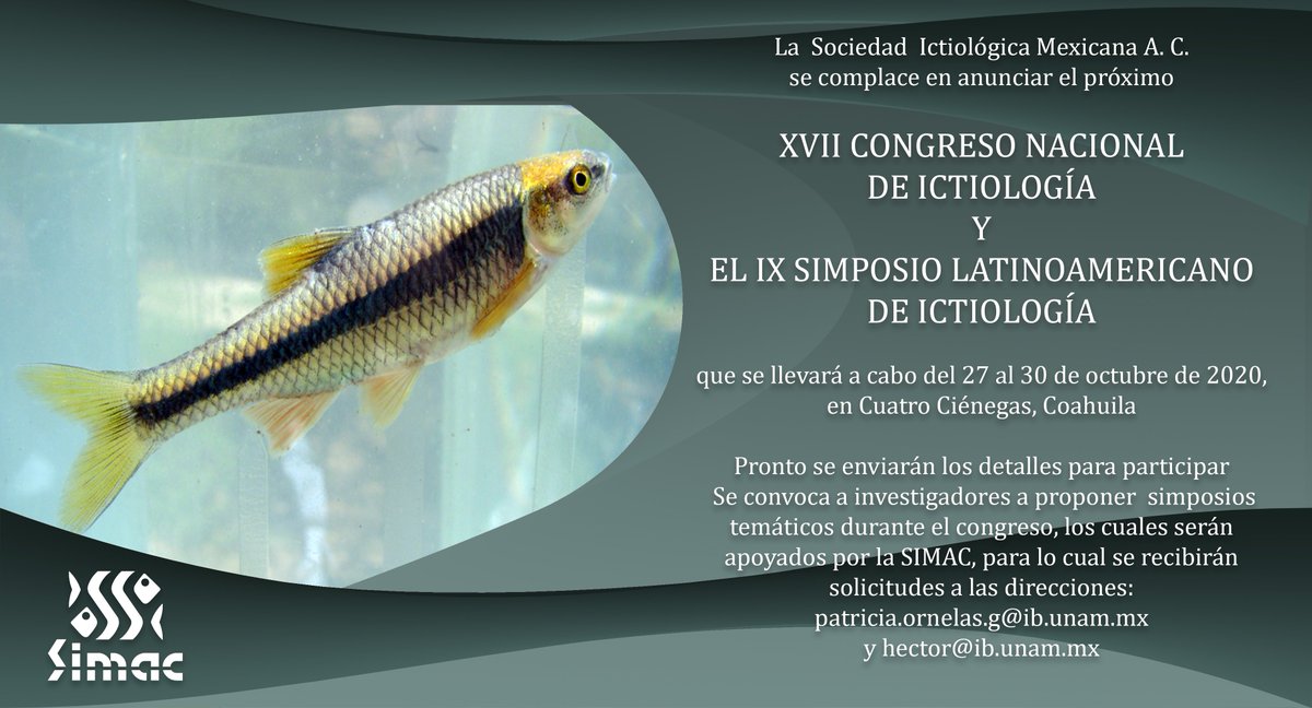 SIMAC87097778's tweet photo. Les compartimos el primer aviso para nuestro XVII Congreso Nacional de Ictiología y IX Simposio Latinoamericano de Ictiología, del 27 al 30 de octubre, seguiremos informando!! #HablemosdePeces #SIMAC2020 https://t.co/goBoLrrbZR